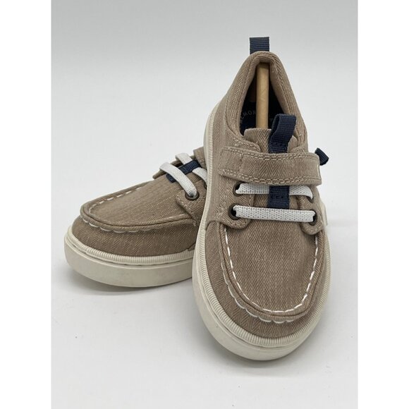 Sperry Toddler Size 7 Herringbone Boat Shoes Beige & Navy Hook & Loop - Picture 1 of 9